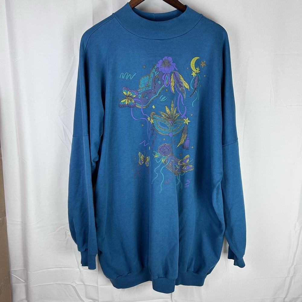 VTG PFI Sweater Womens 3XL Teal Crewneck Sweatshirt 90s‎ Y2K Mardi Gras Mask USA